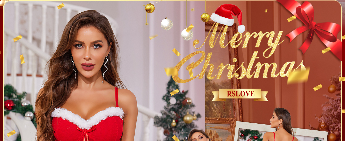 RSLOVE Сексуальна новорічна білизна для жінок - ніжна сорочка з помпонами з штучного хутра, святкова білизна, костюм XXL, червоний