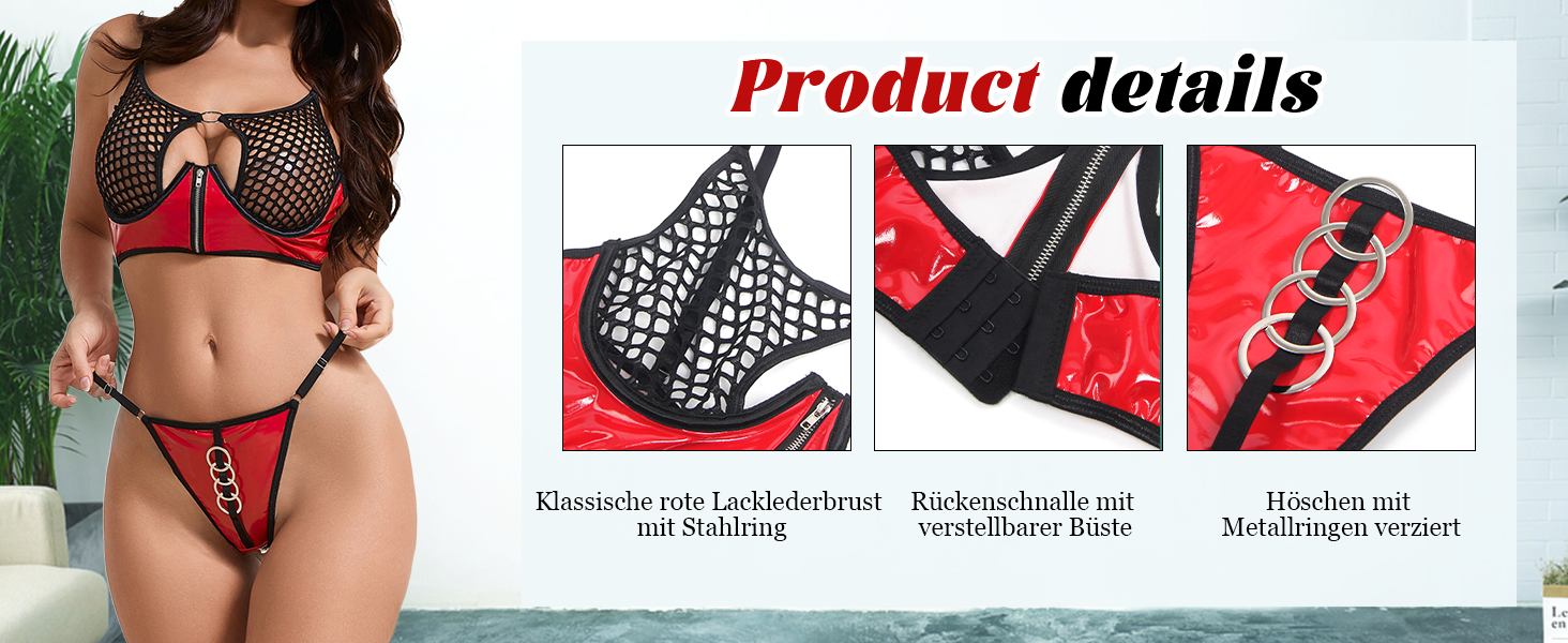 Сексуальний комплект нижньої білизни: мереживний бюстгальтер з ремінком та трусики. Бюстгальтер з кісточками, на блискавці, висока талія, лак, прозорий, чорно-червоний, великі розміри S-2XL