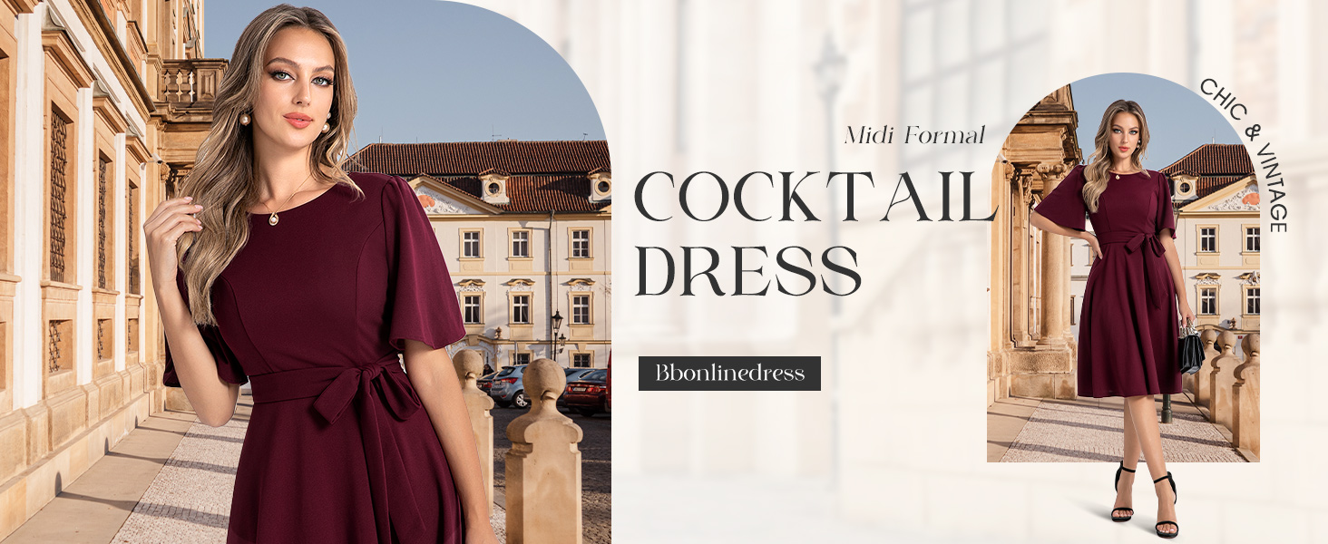 Сукня коктейльна Bbonlinedress жіноча з коротким рукавом, довжини міді, бордового кольору з поясом, для вечірок та весіль