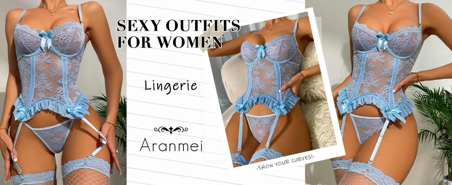 Комплекти жіночої білизни Aranmei: мереживний боді, стрінги, мереживні панчохи, червоний