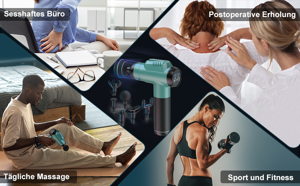 Перкусійний масажер Timiyou Massage Gun: 99 рівнів інтенсивності, до 9800 об/хв, 6 насадок, безшумний масажний пістолет для спини та шиї, Peacock Blue