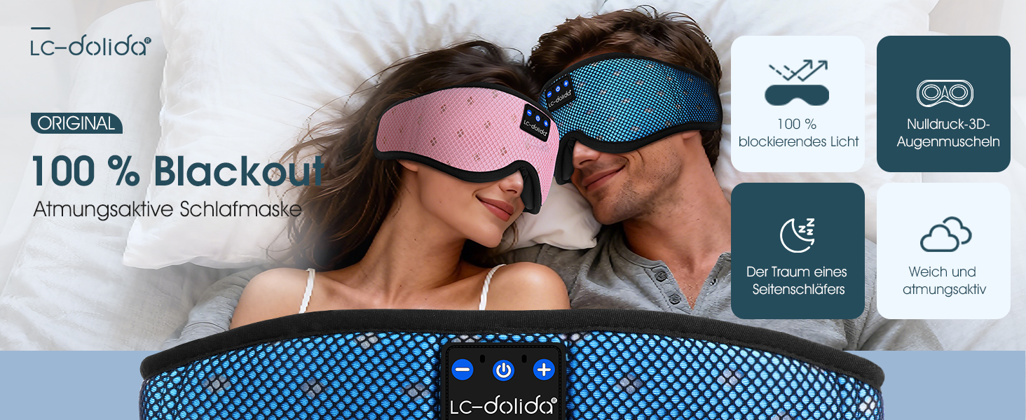 Bluetooth маска для сну з навушниками LC-dolida, повна світлоізоляція (Blackout), м'яка тканина, колір: світло-блакитний