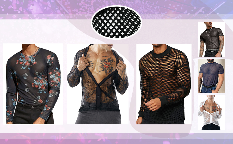 Чоловіча сітка AIEOE: прозора сорочка з довгим рукавом, чорна, розмір M