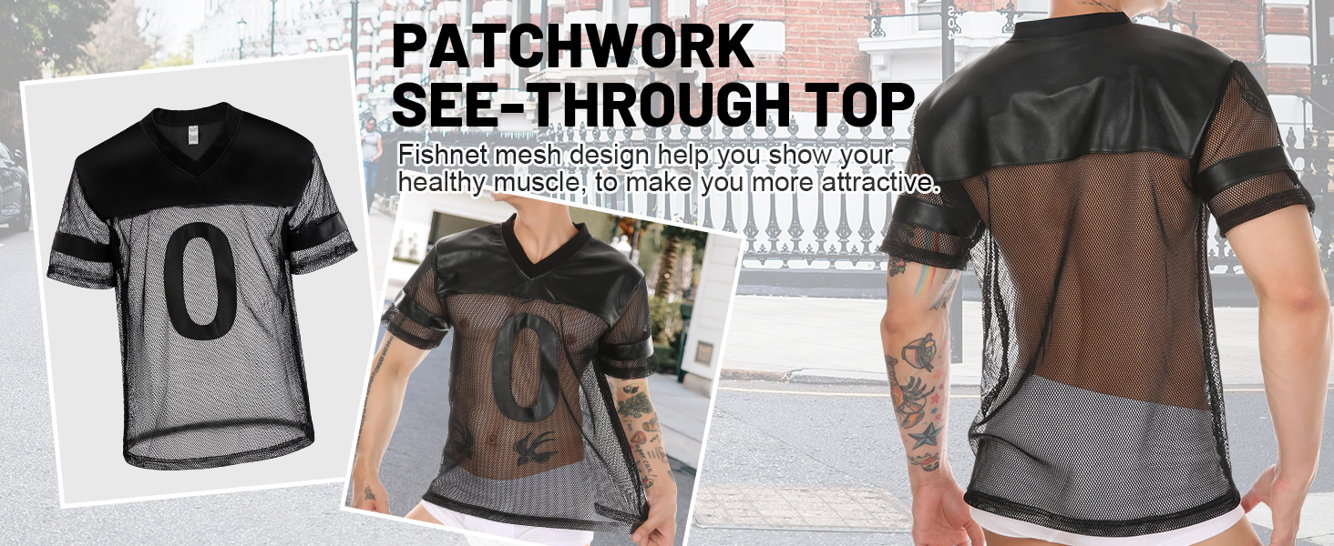 Чоловіча футболка AIEOE з сітчастою вставкою з PU шкіри, спортивна, коротка, сітка, сексуальний топ, кроп-топ