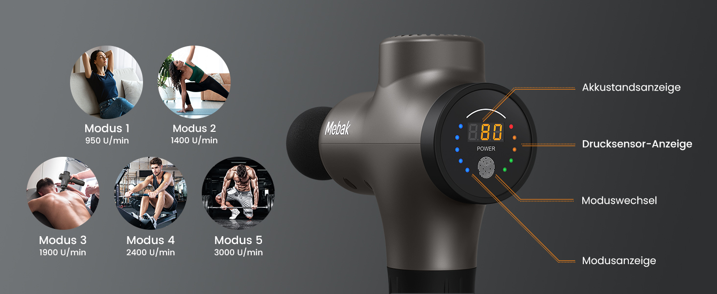 Перкусійний масажер Mebak 3 Massage Gun: електричний ручний масажер для м'язів та фасцій, 3200 об/хв, амплітуда 12 мм, 7 насадок, 5 рівнів інтенсивності, акумулятор 2600 мАг, чорний