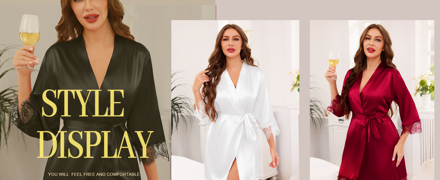 Халат жіночий Lovasy Satin з короткими рукавами, стиль кімоно, мереживо, сексуальний, для вечірки, весілля, з поясом, фіолетовий, червоний, L