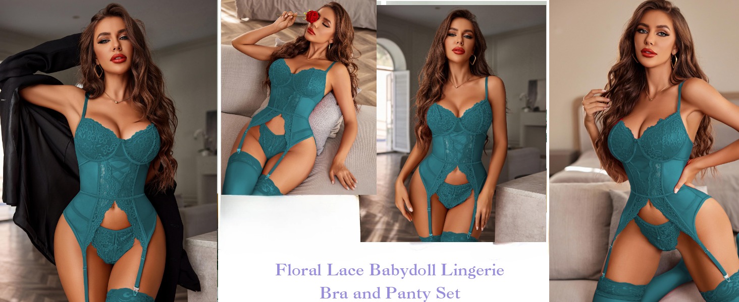 Avidlove Комплект нижньої білизни для жінок: мереживний боді, корсет, babydoll, чорний. Сексуальна спідня білизна, тіло, бюстгальтер та труси.