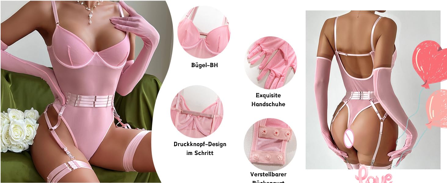 EVELIFE Комплект жіночої білизни: мереживний боді, стрінги та рукавички. Чорний, розмір 36