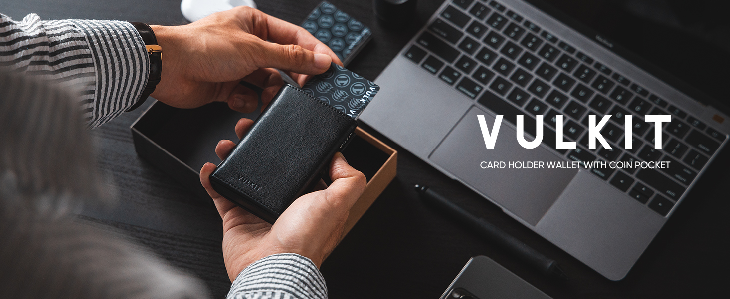 Шкіряний гаманець-картхолдер VULKIT з RFID-захистом, Pop-Up системою, відділенням для купюр, монет та вікном для ID, чорний