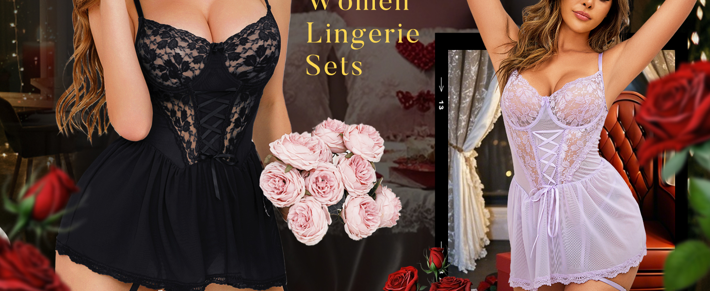 Сексуальний комплект спідньої білизни для жінок: мереживний набір, рейнжержа, нічна сорочка, babydoll з панчішними ремінцями та трусиками, чорний колір