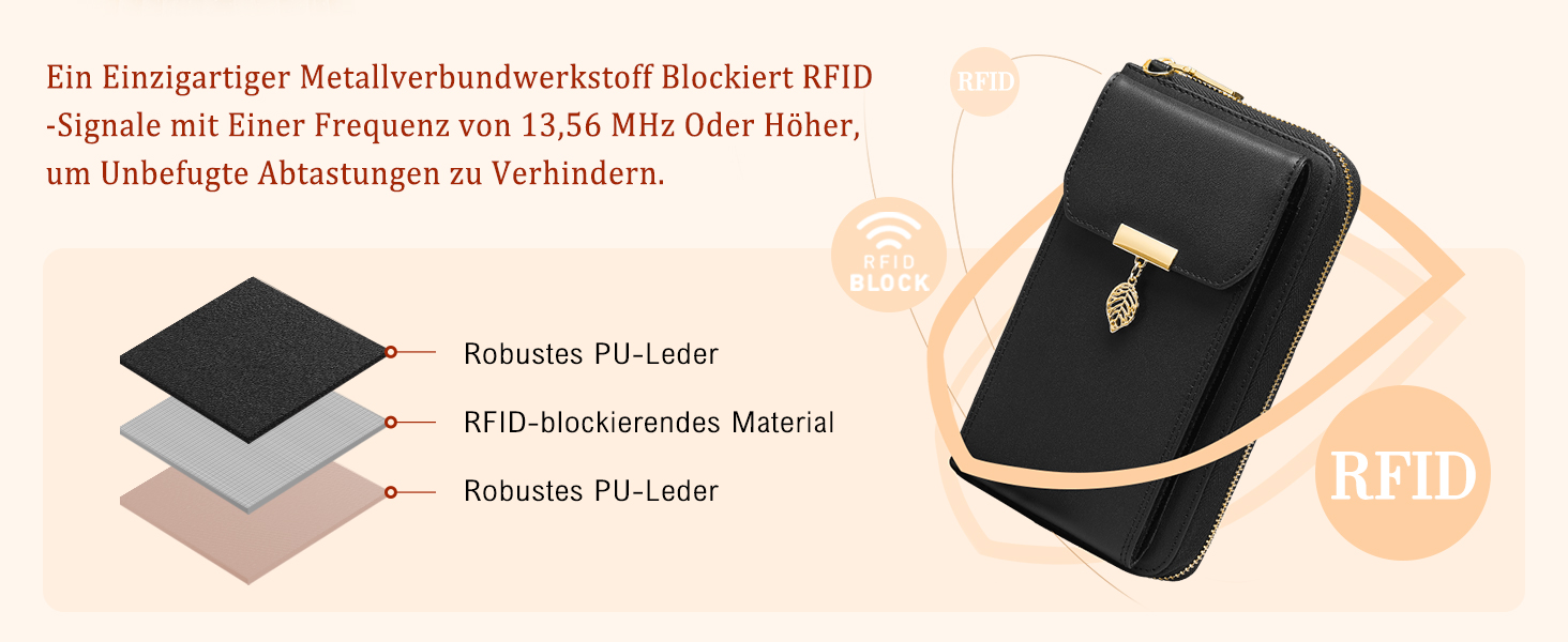 Жіноча шкіряна сумка-кросбоді для телефону з RFID захистом, гаманець з 12 відділеннями для карток та знімним ременем, чорний