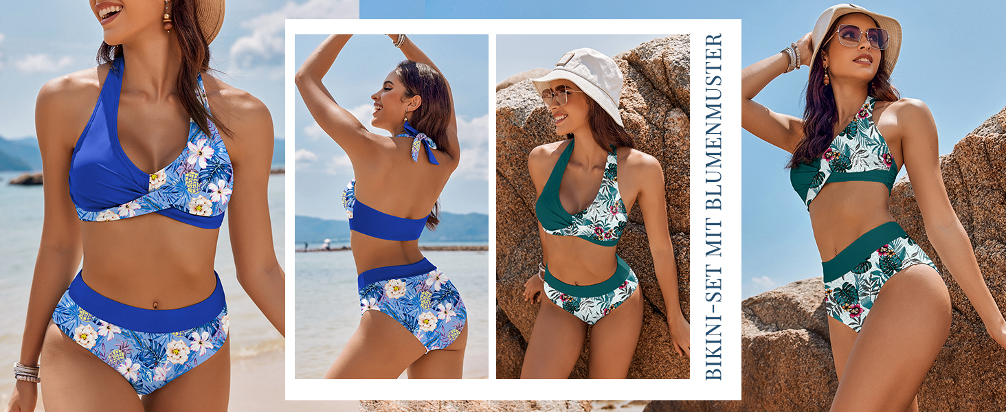 Бікіні Ecouaer для жінок, комплект двочастинний з високою талією, корегуючий животик, купальник з зав'язками на шиї, S-XXL XL, зелений