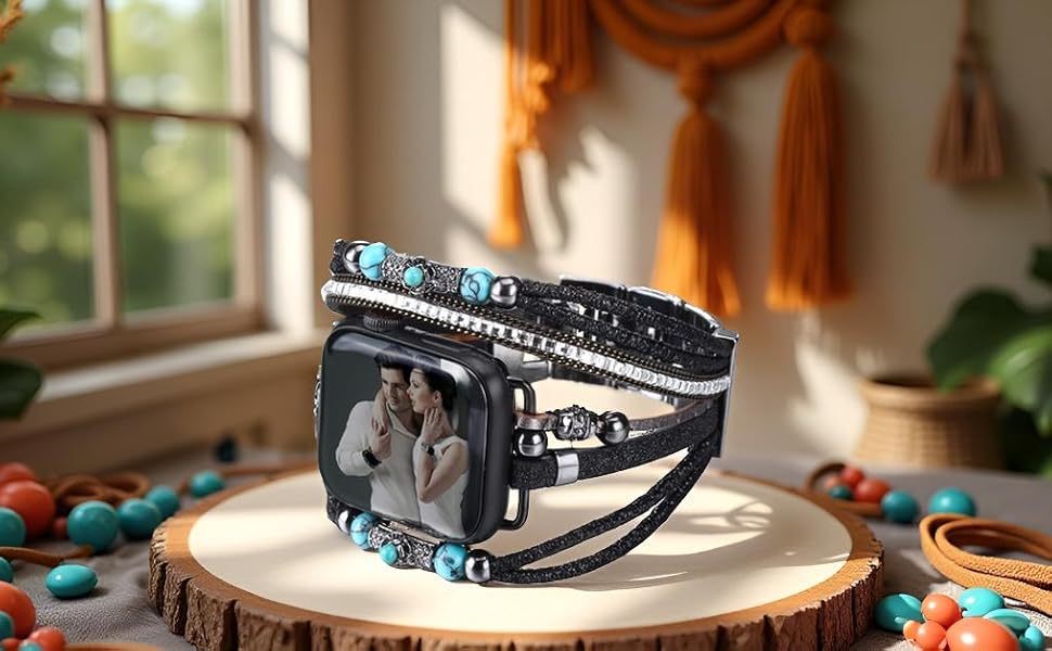 Шкіряний браслет Boho для Apple Watch — багатошаровий ремінець для iWatch Series 11 10 9 8 7 6 5 4 3 2 1 SE Ultra 1 2 3, чорний, 42/44/45/46/49мм