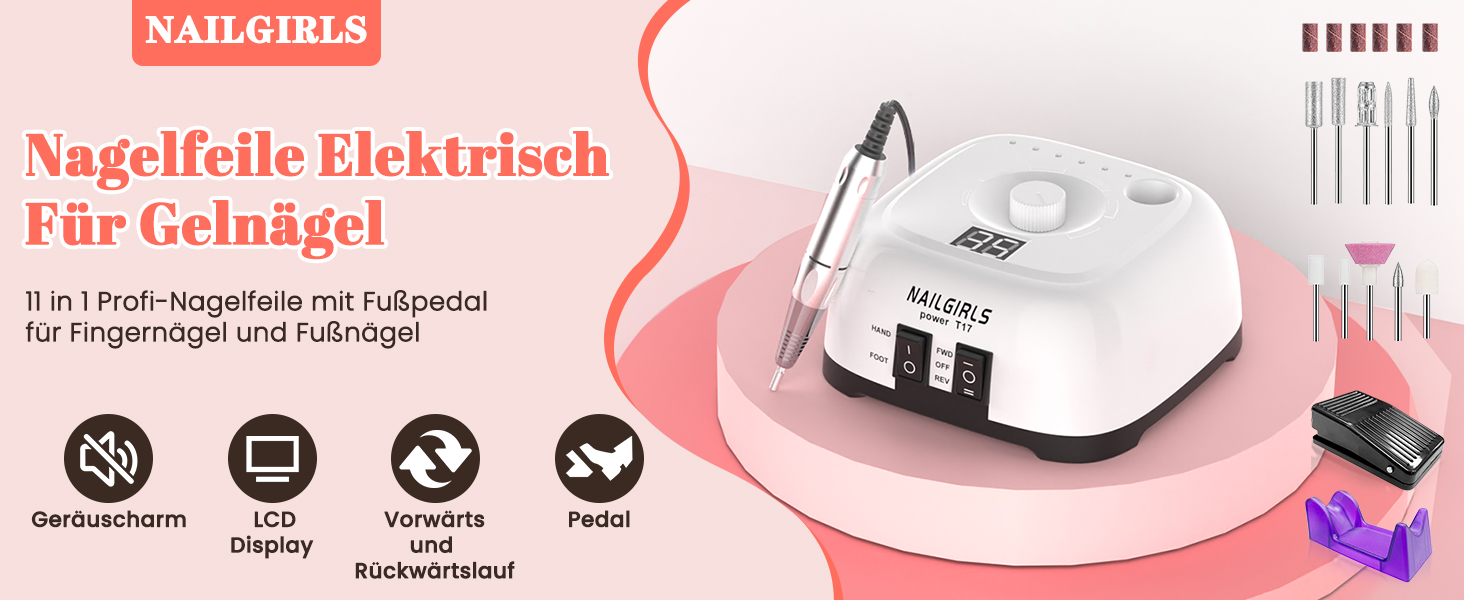 Електричний апарат для манікюру та педикюру NAILGIRLS 11 в 1, 35000 об/хв, з LCD-дисплеєм та педаллю, професійний набір для нарощених нігтів та гель-лаку (Білий)