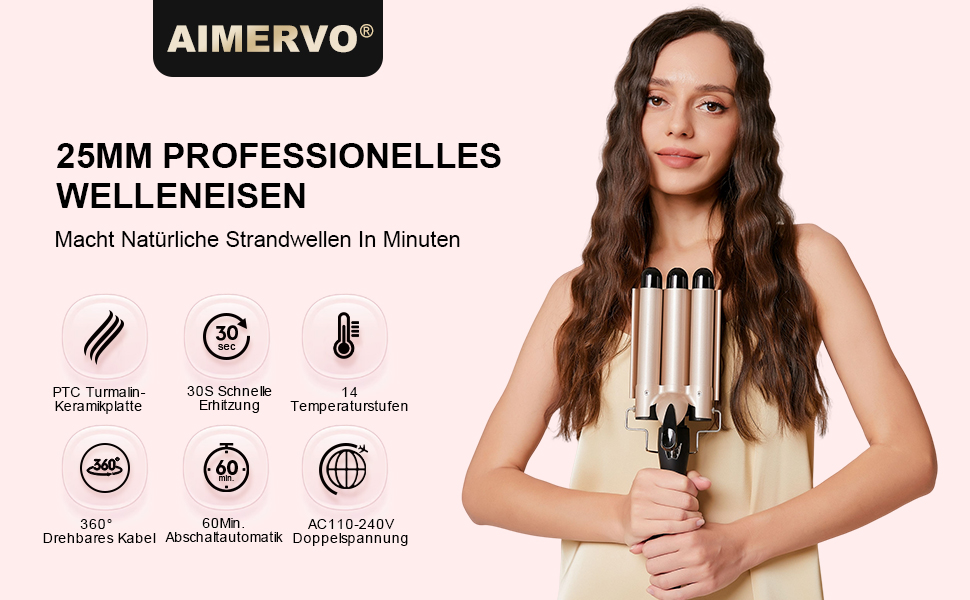 Плавільниця-гофре AIMERVO DEEPWAVES для волосся (25 мм): керамічний стайлер для створення глибоких хвиль, 14 рівнів температури (80-210°C), LCD-дисплей, комплект з рукавичкою та затискачами