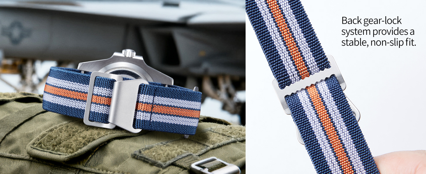 Нейлоновий ремінець для годинника BINLUN Parachute Marine Diver 22мм, еластичний тканинний браслет у військовому стилі з покращеною застібкою-гачком (Блакитно-біло-помаранчевий)