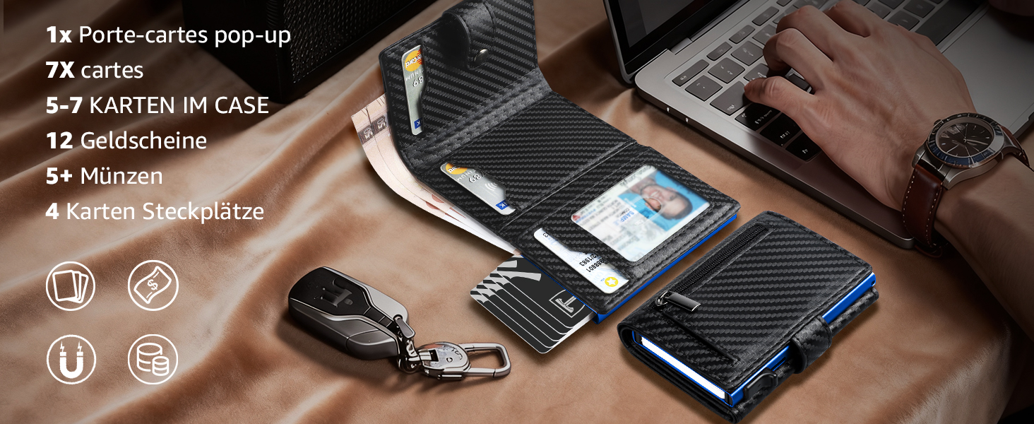 Чоловічий шкіряний гаманець TENBST з RFID-захистом, монетницею та відділенням для 8-10 карток, Slim Wallet (Чорний та Помаранчевий/Синій)