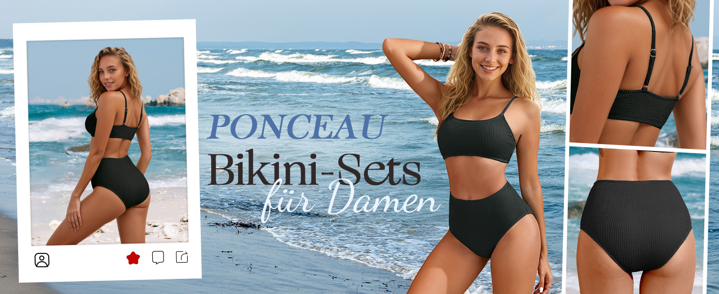 Бікіні жіночий PONCEAU з високою талією, зелений XL: спортивний верх, текстурний низ для пляжу та басейну