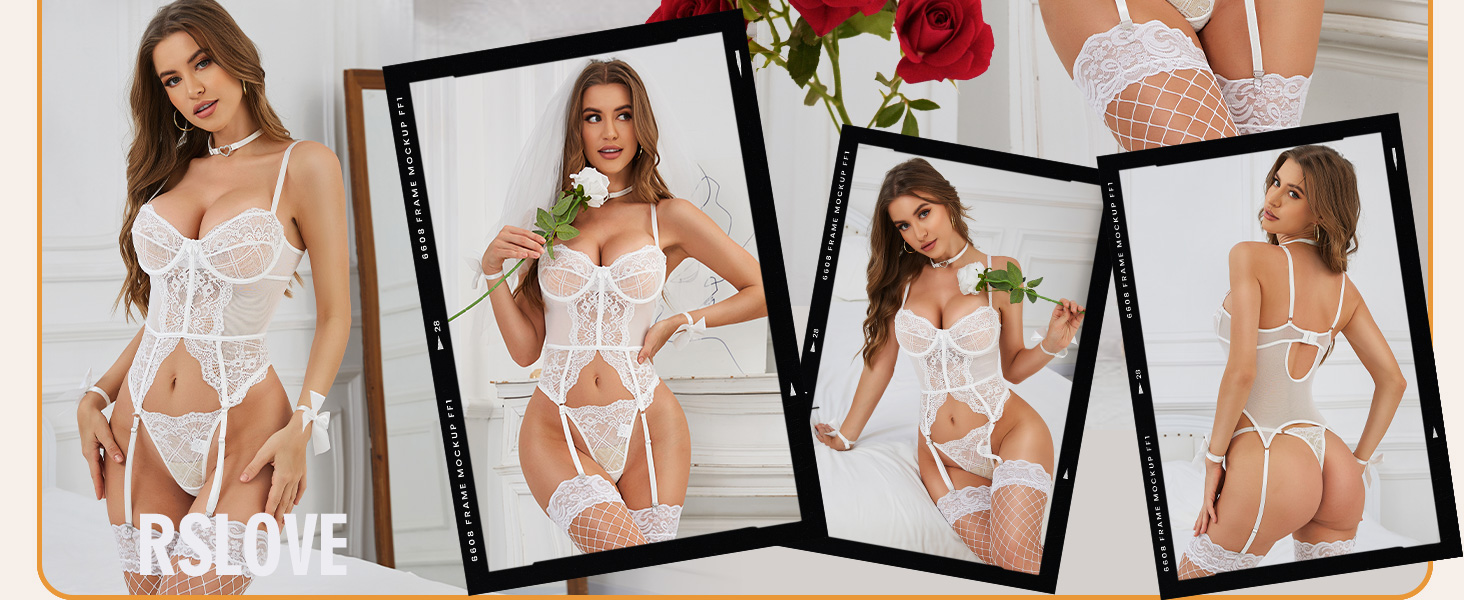 RSLOVE Комплект спідньої білизни для жінок - мереживний комплект з 4 частин, бюстгальтер з кісточками та стрінгі, білий