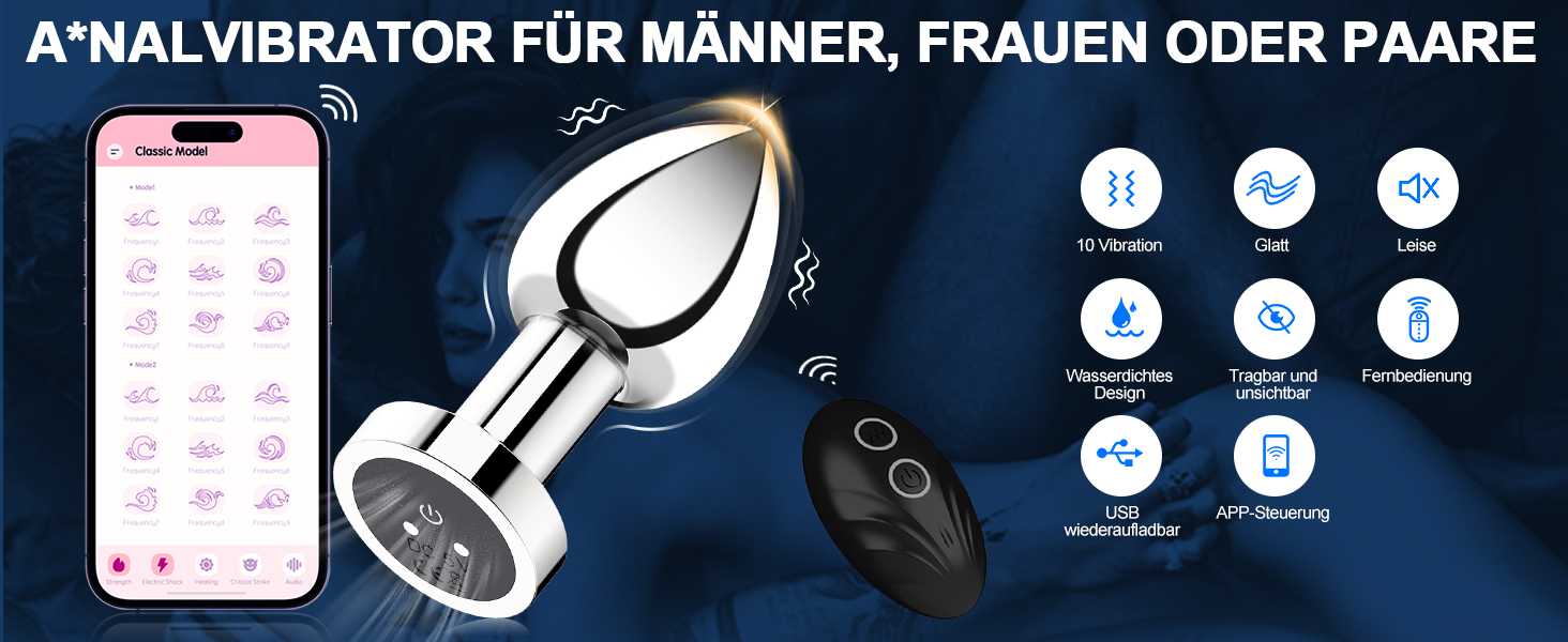 Анальний вібратор-простатор Metall Anal Vibratorstarb з пультом, 10 режимів вібрації, чорний