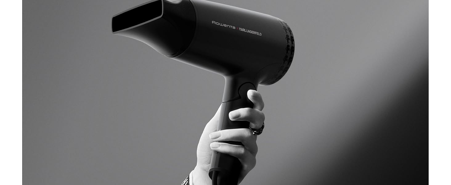 Компактний дорожній фен Rowenta x Karl Lagerfeld CV184L Express Style, чорний — складаний, ультралегкий, з функцією Glanz-Booster та Dual-Volt