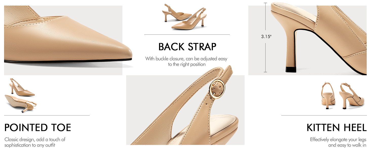 Жіночі туфлі-човники Coutgo з відкритим задником (Slingback), гострий носок, низький підбор Kitten Heel, чорні, розмір 38 EU