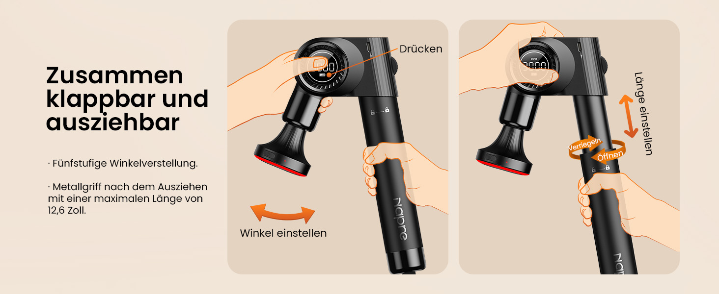 Перкусійний масажер Napre Massage Gun з функцією підігріву та охолодження, складаний масажний пістолет для м'язів спини та плечей, 32 рівні швидкості, 5 кутів нахилу, чорний