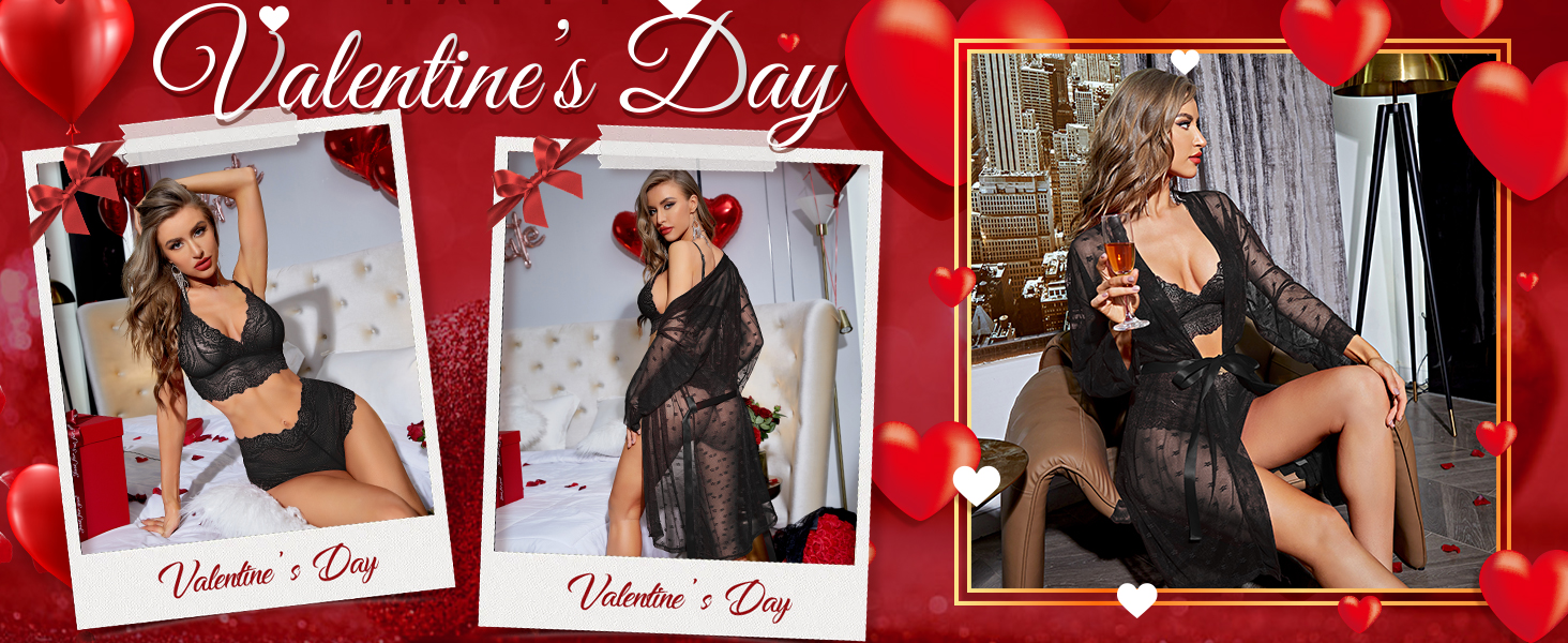 Комплект нижньої білизни RSLOVE для жінок, 3 частини: мереживний кімоно, бюстгальтер та труси, червоний, розмір M