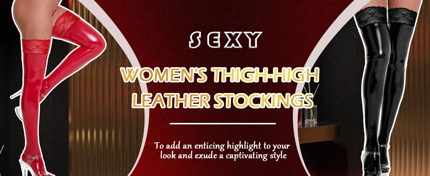 Чулки панчіхні жіночі високі над коліно з мереживом, лак шкіра, чорні. Сексуальний блискучий дизайн, антиковзаючі, для косплею, спідня білизна.