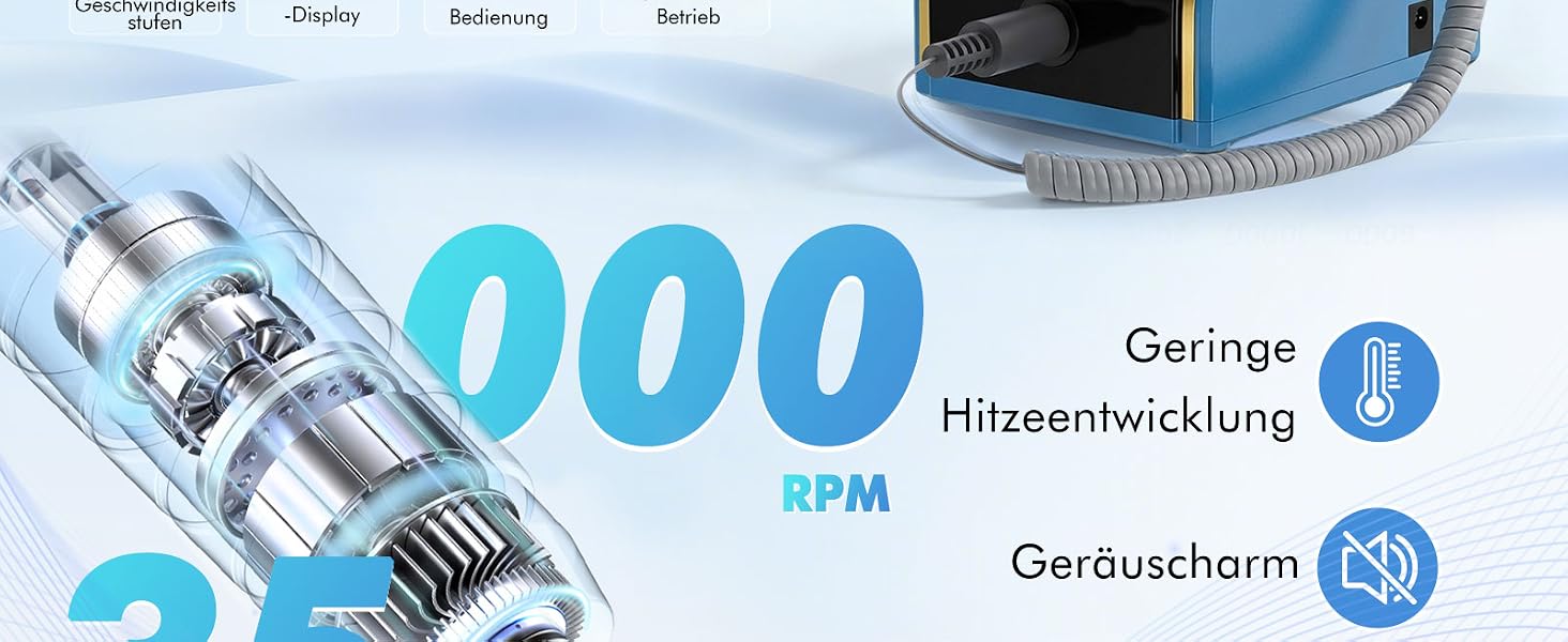 Професійний електричний апарат для манікюру та педикюру CozyZen 35 000 об/хв з LCD-дисплеєм, ножною педаллю та ручним керуванням для акрилу, гелю та натуральних нігтів (Блакитний)