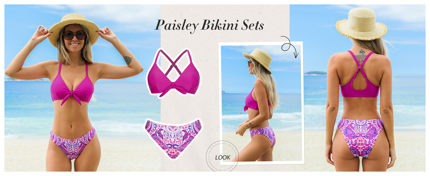 CUPSHE Bikini Set Daen: двочастинний купальник з V-подібним вирізом, зав'язками спереду, низькою талією та перехресними бретелями. Темно-зелений візерунок, розмір XL, колір Hot Pink