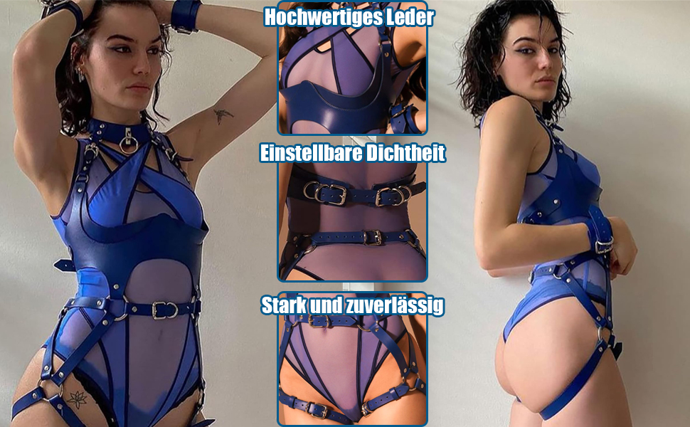 ALMYMM Жіночий сексуальний шкіряний фіксатор, корсет, нагрудник, набедренний виробіток, ланцюжок для ніг, SM-нагрудник, костюм для вечірки, одяг для клубу, фетиш-іграшки для жінок, косплей (Блакитний)