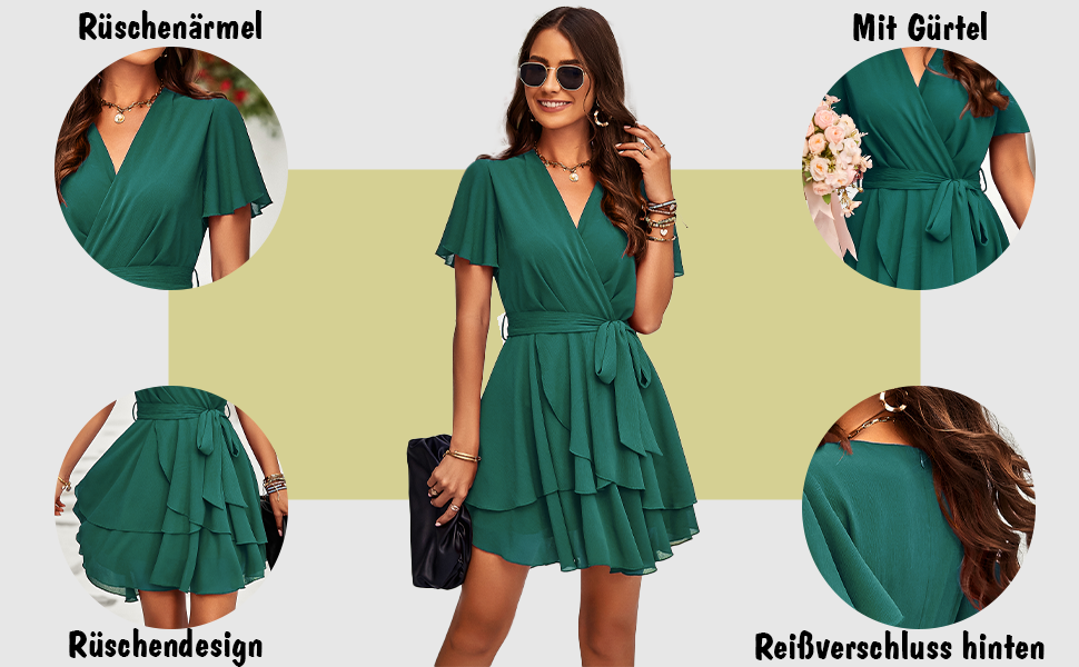 Сукня-туніка з шифону, коротка, з V-подібним вирізом, на короткий рукав, літня, однотонна, елегантна, з рюшами, міні, повсякденна, трапецієподібна, з високою талією, для вечірок, сукня-кокетка з поясом, колір вишневий, розмір S