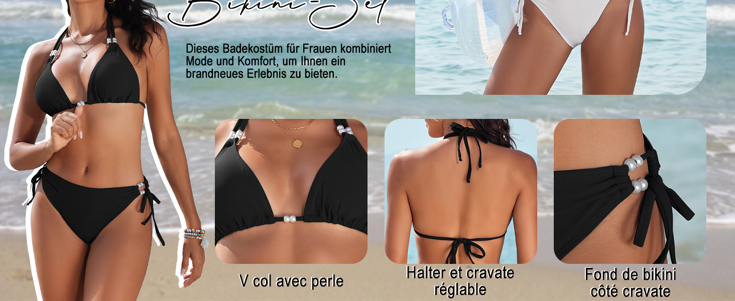 Сексуальний жіночий купальник-бікіні Triangel з шнурівкою, push-up, з перлами, чорний