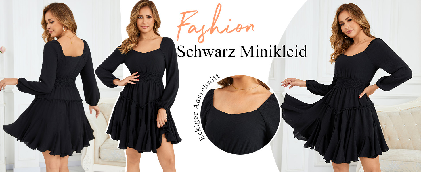 Сукня жіноча Beluring з довгим рукавом, квадратний виріз, висока талія, міні, бавовна, чорна