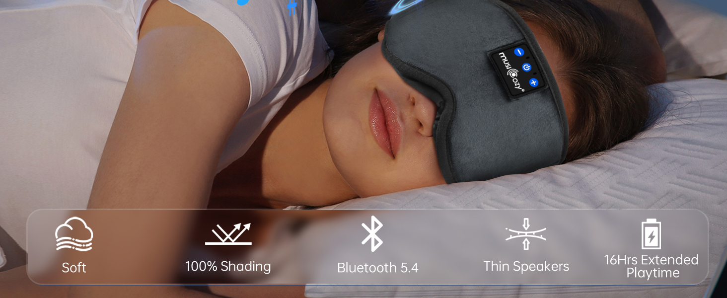 Маска для сну з Bluetooth-навушниками MUSICOZY, 3D затемнення 100%, версія 5.4, 16 годин роботи, м'яка пов'язка для сну, подорожей та медитації (Антрацитовий сірий)