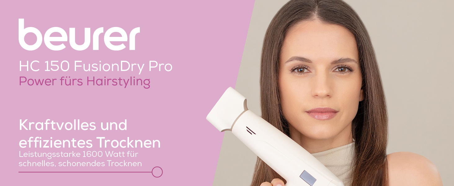 Фен для волосся Beurer HC 150 FusionDry Pro з цифровим двигуном, іонізацією та складаним ручкою, 4 насадки для стайлінгу, компактний дорожній