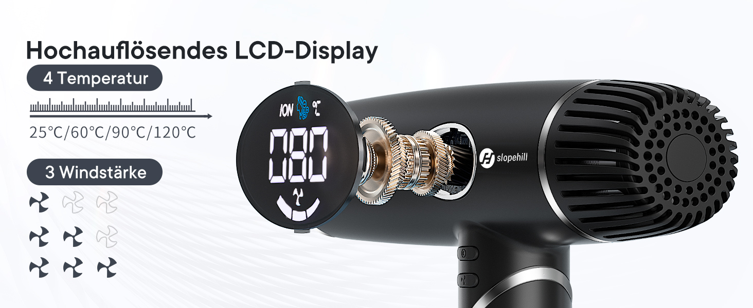 Іонний фен Slopehill 2000W з безщітковим мотором, 110 000 об/хв, LCD-дисплеєм та 3 магнітними дифузорами, складаний дорожній фен, чорний