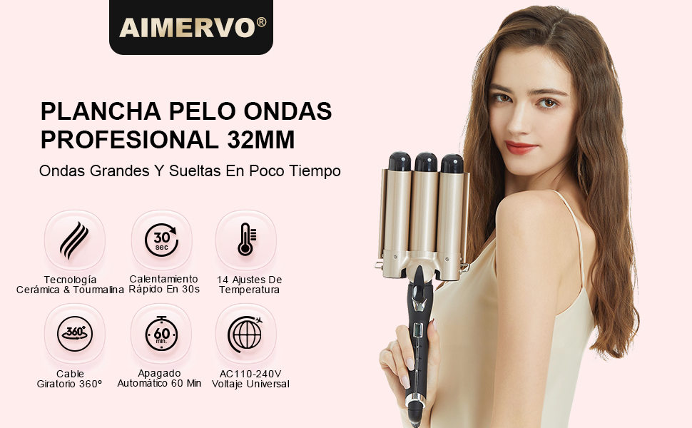 Трійчак-гофре AIMERVO DEEPWAVES для волосся 32мм: керамічний стайлер для створення глибоких хвиль, LCD-дисплей, 14 рівнів температури (80-210°C), комплект з рукавичкою та зажимами