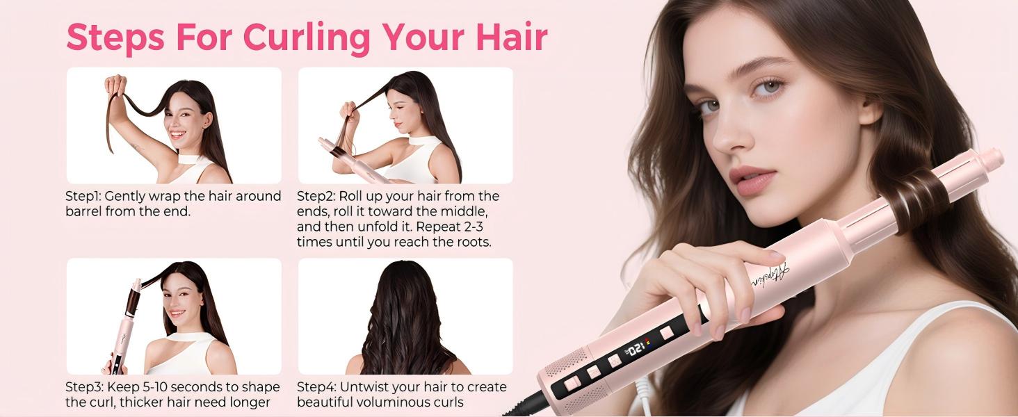 Набір стайлер для волосся 7 в 1 Atopskins Airstyler Pro: фен з дифузором, круглі щітки, випрямляч та плойка для beach waves, Creamrosa