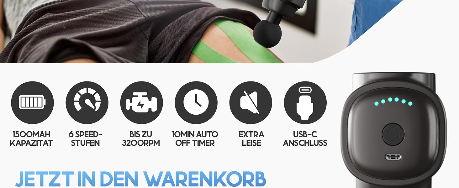 Міні-перкусійний масажер HELDENWERK® Massagepistole Mini з 6 насадками, безшумний ручний масажер для тіла, темно-сірий