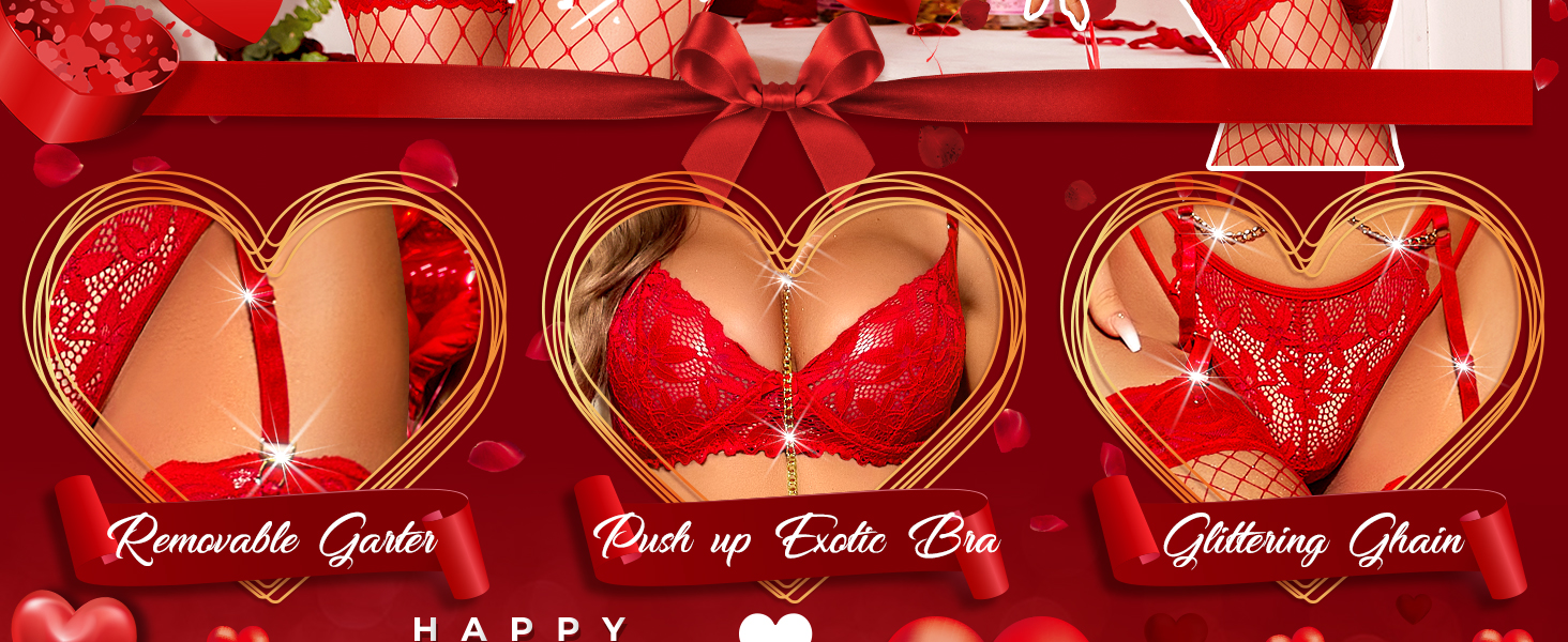 Комплект спідньої білизни RSLOVE для жінок: мереживний бюстгальтер, стрінги та пантагони. Червоний.