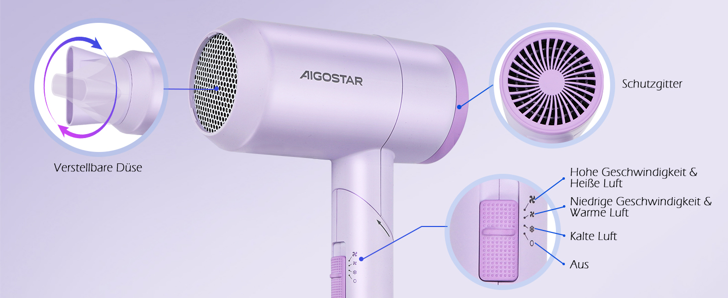 Складаний дорожній фен для волосся Aigostar 1800W з іонною технологією, 3 температурні режими, знімний сопло, фіолетовий
