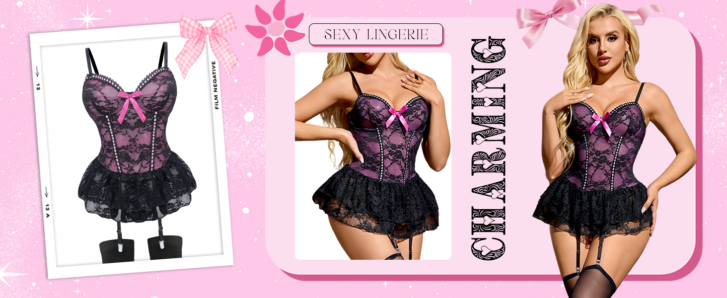 Сексуальна спідня білизна для жінок: комплект мереживний боді з панчохами, лямками, тедді, бабідолл з стріжками. Ідеально для Хелловіну та Різдва, червоний колір