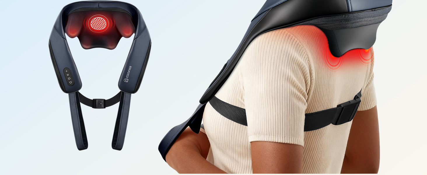 Масажер для шиї та плечей COMFIER 2026 з 4D Shiatsu, бездротовий глибокий масажер з графенним підігрівом для спини, темно-синій
