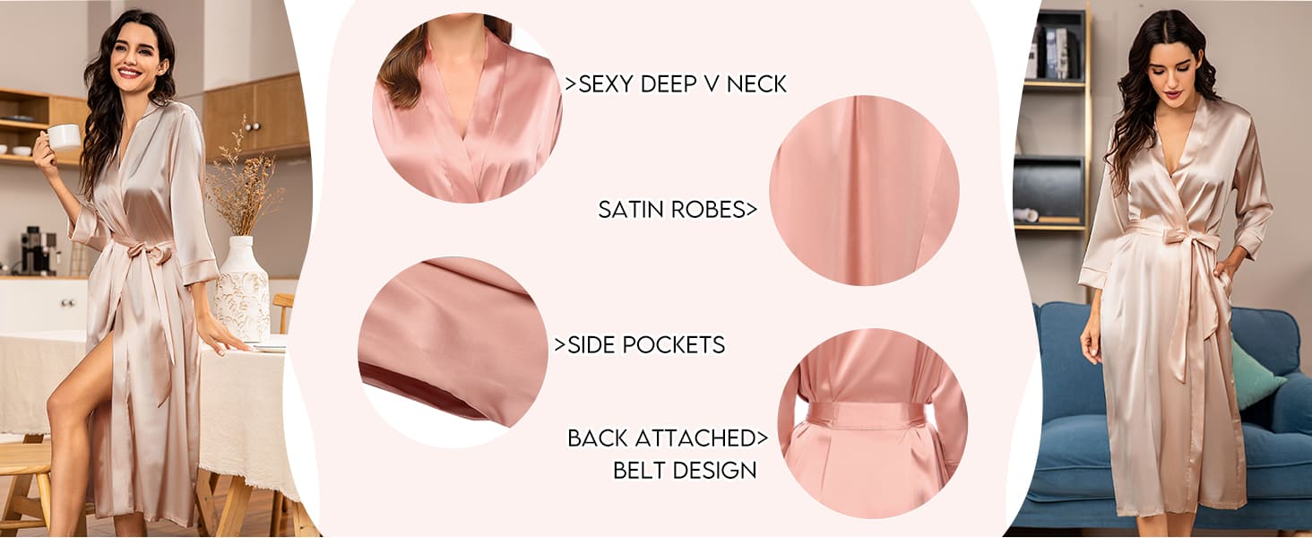 Халат жіночий атласний Ecouaer, легкий, довгий, з кишенями, S-XXL, колір шампань