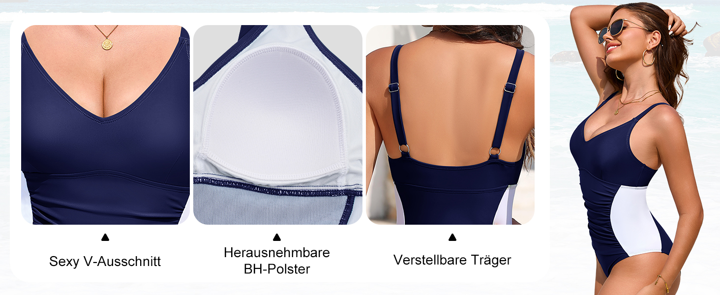 Чоловічий купальник Badeanzug Damen Bauchweg Figurformend Sexy V-Ausschnitt One Piece Swimsuit Verstellbare Schultergurte Seitentaille mit Farbblock Schwimmanzug Schwarz L