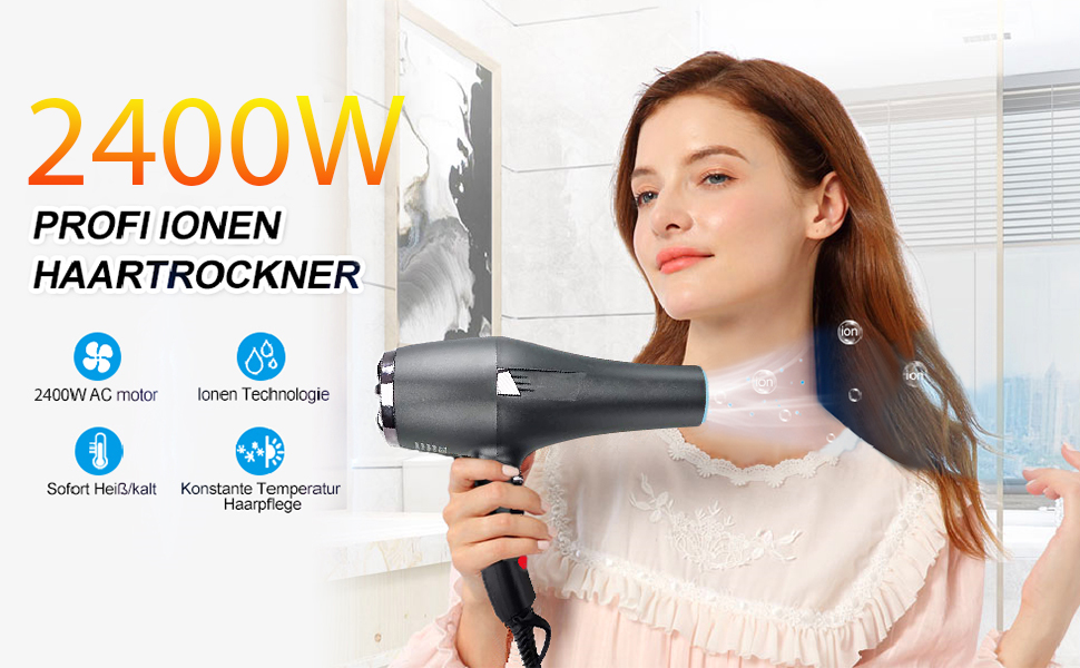 Професійний іонний фен для волосся LOEVERY 2400W з AC-мотором, дифузором та набором аксесуарів (2 насадки, 3 щітки), чорний