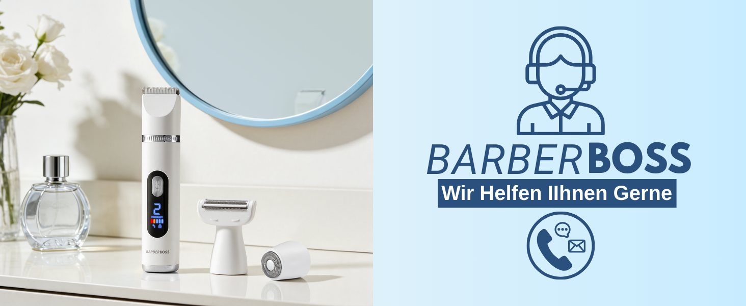 Електричний тример-голениця для жінок 3-в-1 BarberBoss SmoothCare для тіла, бікіні та обличчя, з 4 насадками та LED-дисплеєм (Білий, Сріблястий)