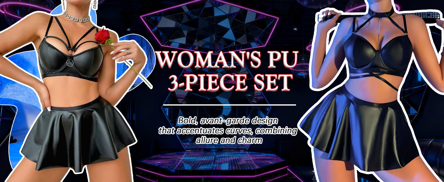 Комплект спідньої білизни FEOYA: бюстгальтер, труси G-string, спідниця з лакованого шкіряного ефекту, чорний, з ланцюжком, розмір M